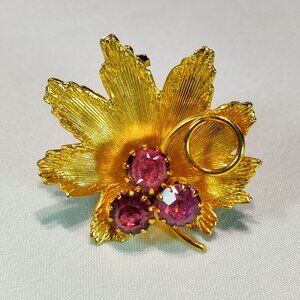 1970's Gold Tone Metal and Purple Rhinestone Flower Pin